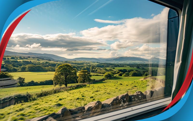 Scenic view of the UK countryside from a coach window, UK Coach Travel, May 2024, the United Kingdom